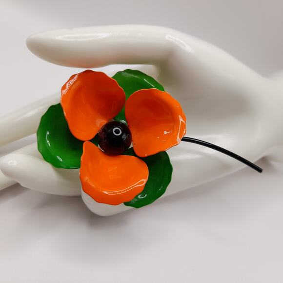Vintage 1960s Orange Green White Enamel Flower Brooch with Stem, 4 Inches - Picture 5 of 9